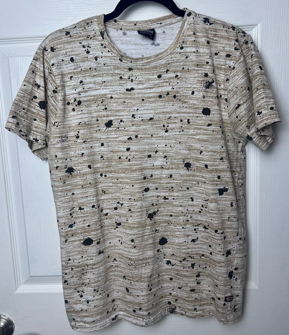 Southpole Short Sleeve T-Shirt Crew Neck Beige Black Splatter Print Size L